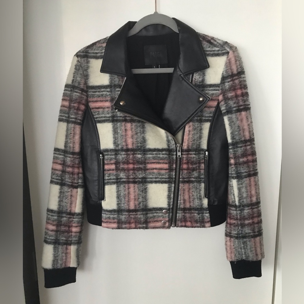 Paige Farrah Plaid Wool Leather Moto Jacket Pink Black Women's Size S - Picture 4 of 16